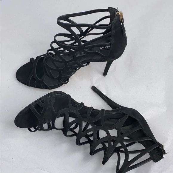 Aldo Black Suede Sz 8.5 High Heel Sandal Bootie - Picture 5 of 9
